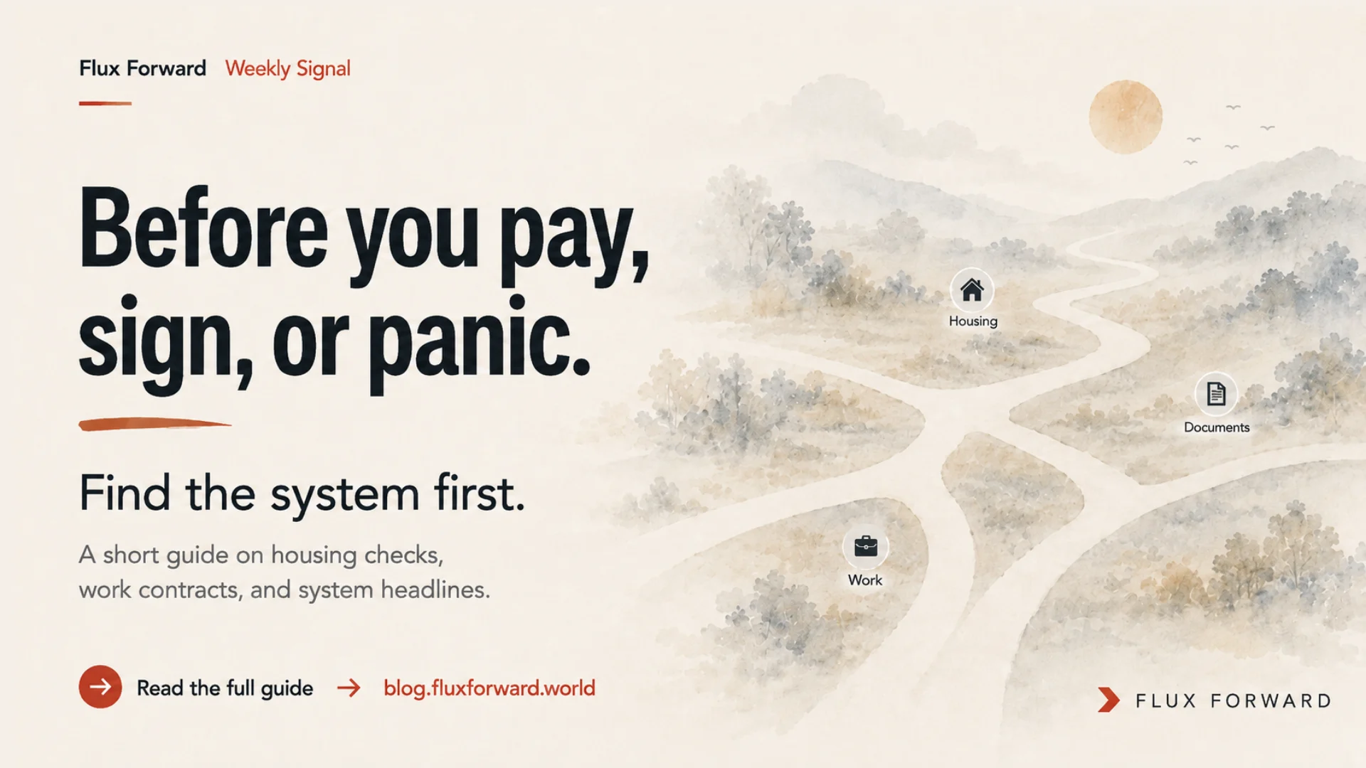 Flux Forward Weekly Signal cover showing branching paths for housing, work and documents with the headline “Before you pay, sign, or panic.”
