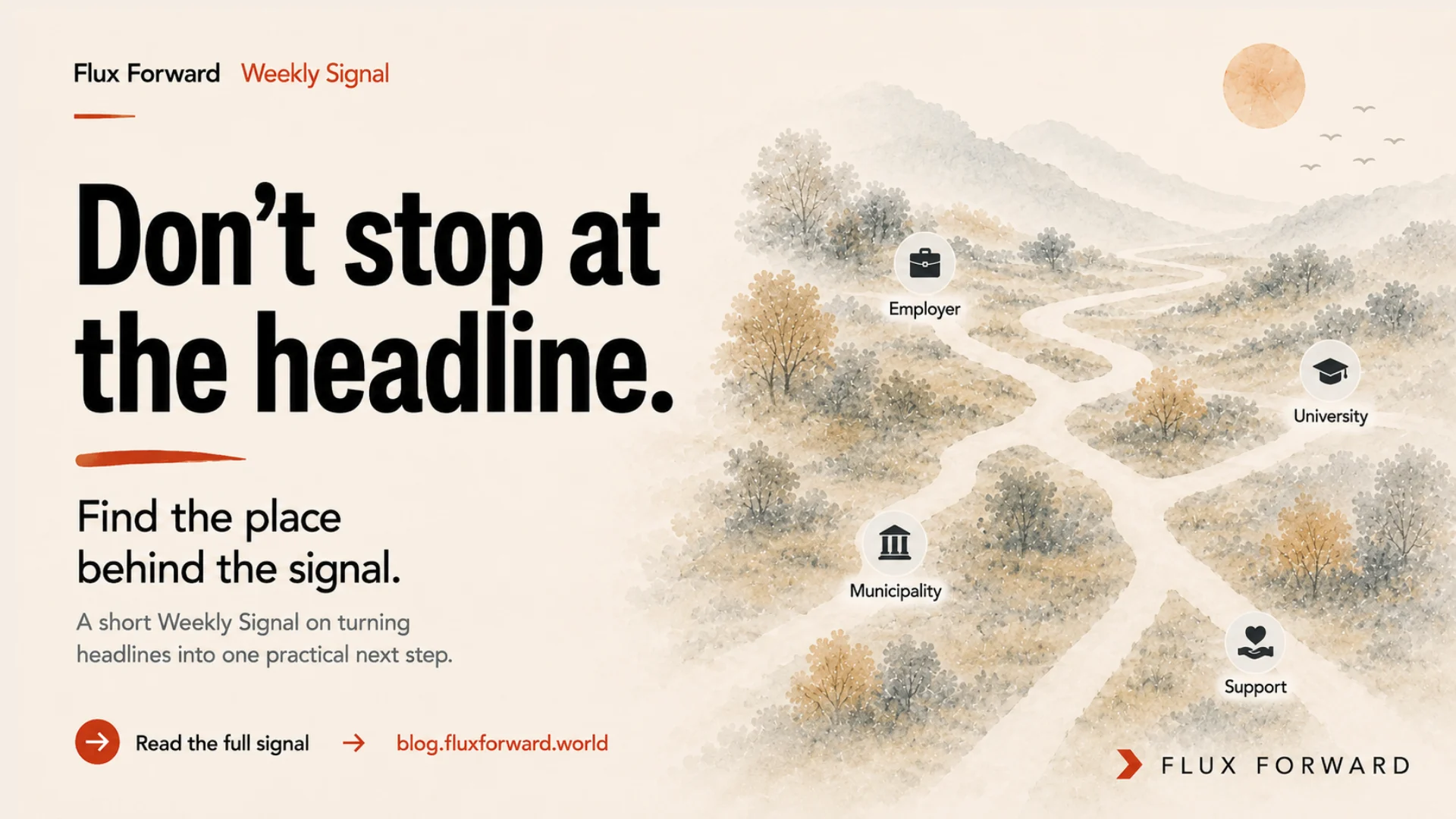 Flux Forward Weekly Signal cover with winding paths leading to an employer, university, municipality, and support organisation.