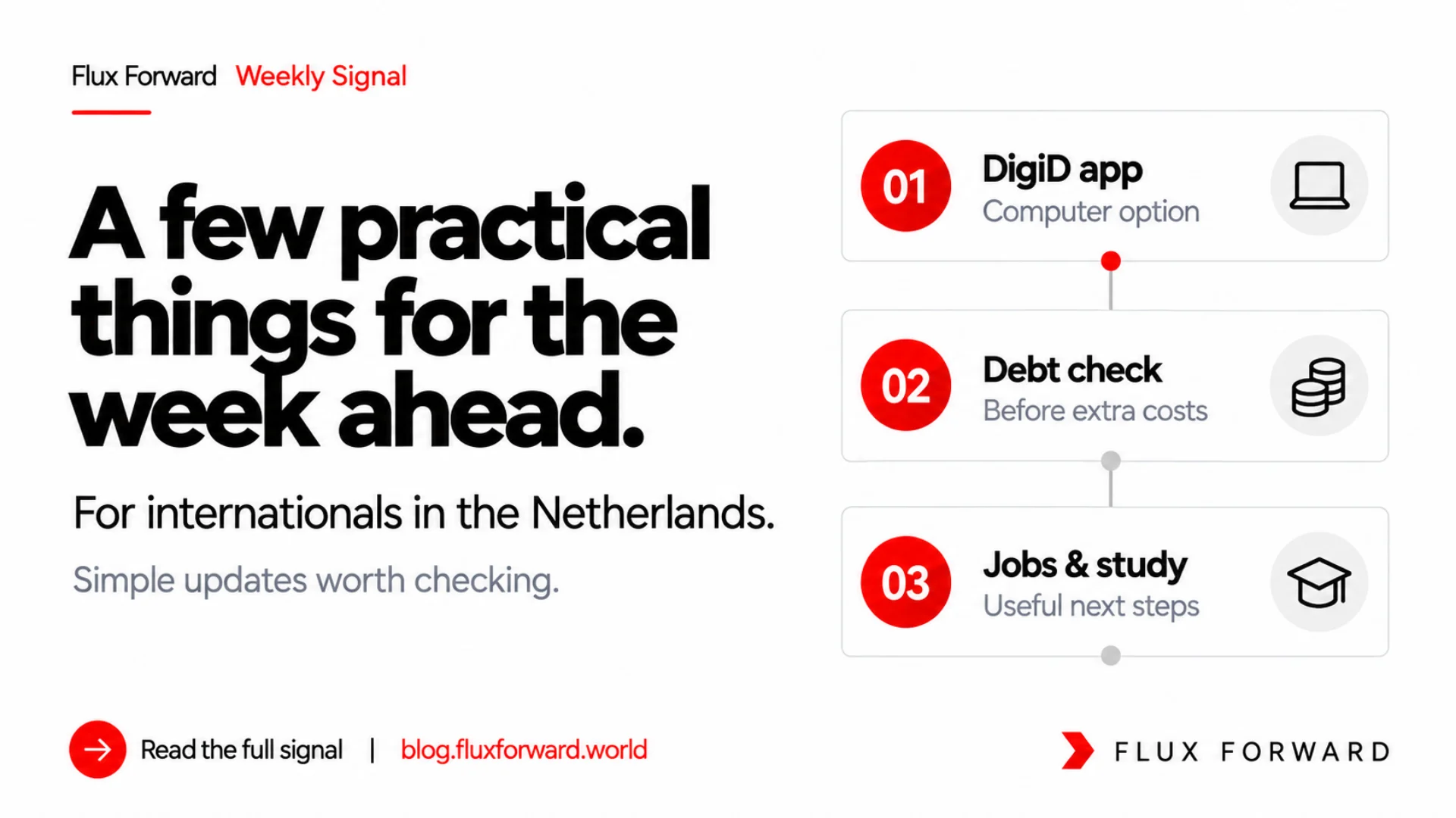 Flux Forward Weekly Signal cover highlighting DigiD, debt checks, jobs and study updates for internationals in the Netherlands.