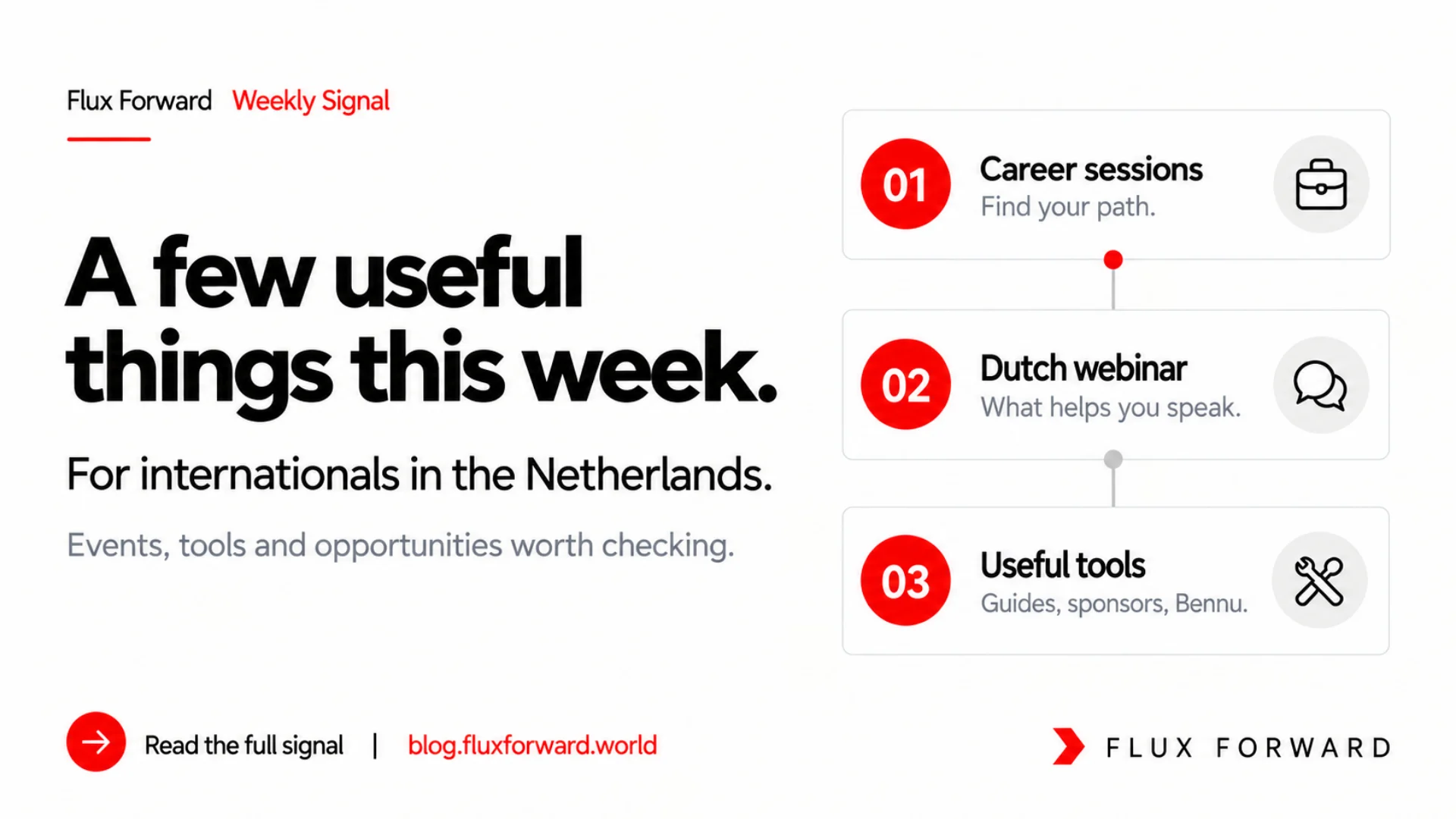Flux Forward Weekly Signal cover for 20 September 2026: career sessions, a Dutch webinar and useful tools for internationals in the Netherlands.