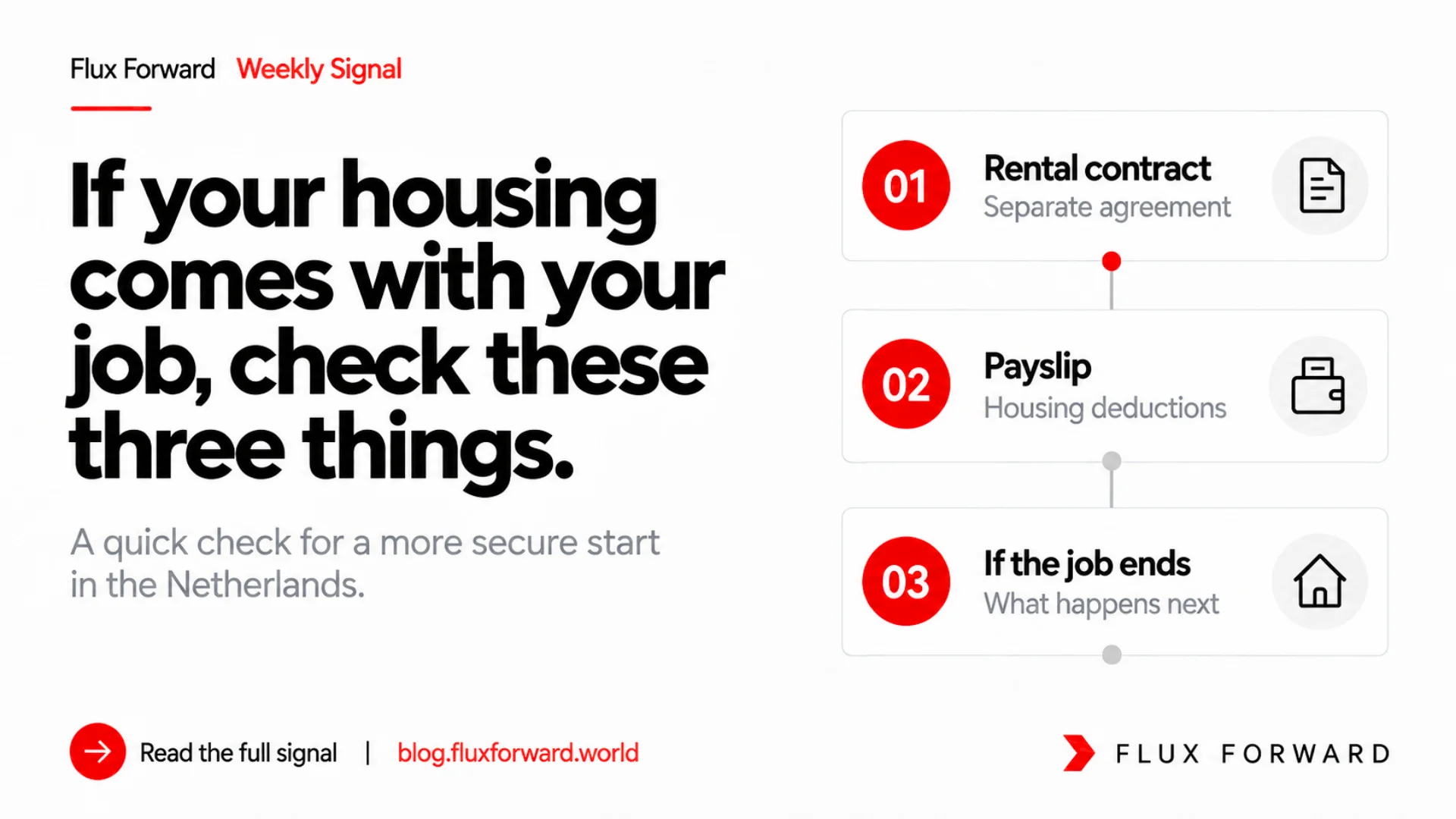 Weekly Signal cover: If your housing comes with your job, check these three things. Three checks cover the rental contract, housing deductions on the payslip, and what happens if the job ends.