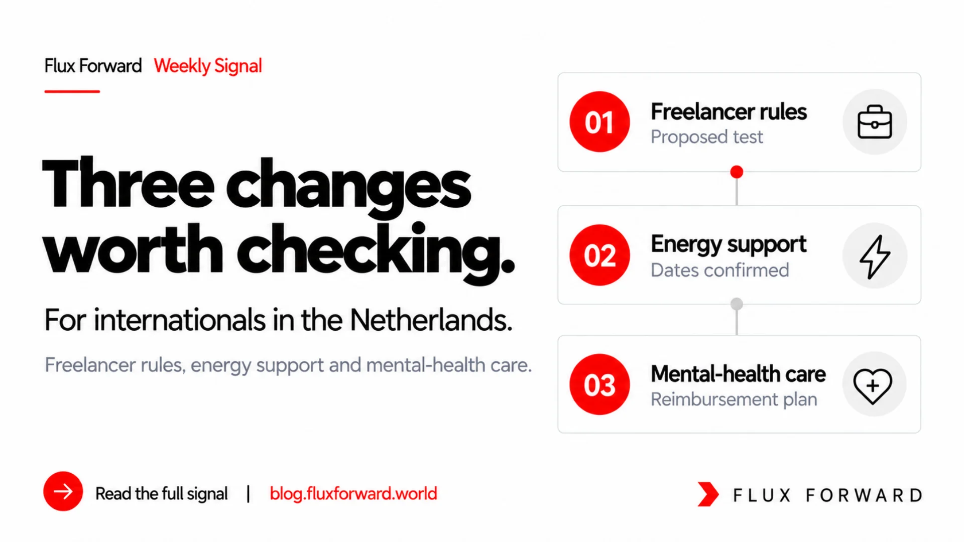 Flux Forward Weekly Signal cover highlighting freelancer rules, energy support and mental-health care changes in the Netherlands.